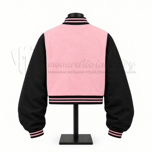Chaqueta Bomber Corta para Mujer, Estilo Universitario, Rosa y Negra con Bloques de Color, Puños Acanalados a Rayas, Moda Urbana, Venta al por Mayor - Product Image 2