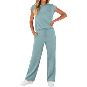 Production OEM en gros, ensembles pour femmes ODM, logo personnalisé avec taille, tissu doux, coupe décontractée, ensemble de vêtements de détente d'été pour femmes - Product Image 5