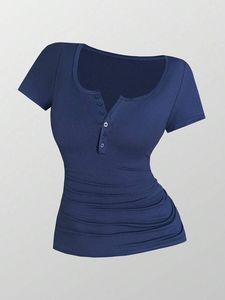 Women Solid Ribbed Henley T-<b>Shirt</b> Ruched Slim Fit Short Sleeve Breathable Woven <b>Y2K</b> Casual Daily Wear Medium Stretch All Seasons - Product Image 2