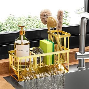 Portaspugne da cucina con supporto per spazzole, organizer da lavello in acciaio inox 304 antiruggine, accessorio da piano di lavoro color oro, soluzione salvaspazio per la cucina - Product Image 6