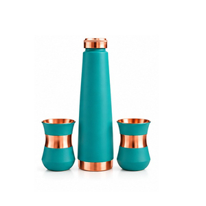 Teal Copper Water Bottle Set with Two Matching <b>Cups</b> Minimalist Design Portable Travel Drinkware - Product Image 1