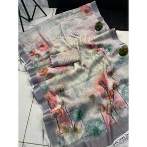 DESIGNER LIN SOIE TISSANT ZARI TRAVAIL SAREE AVEC BLOUSE INCOUSÉE GRIS - Product Image 1