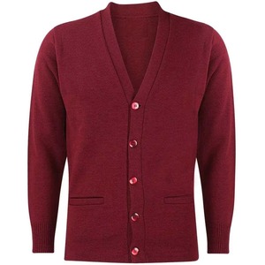 Suéter cárdigan con cuello en V color granate para hombre con ribete crema y botones rosas, manga larga, tejido acrílico, informal, con logotipos personalizados - Product Image 4