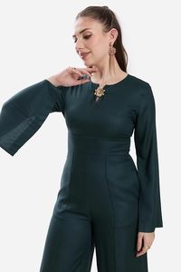 Combinaison élégante pour femme, taille haute, en satin, manches longues évasées, couleur unie, longueur cheville, coupe ample, ornée de strass - Product Image 2