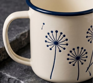 Premium Iron Enamel <b>Camp</b> <b>Mug</b> Custom Dandelion Flower Graphic Design Shatterproof Metal Coffee Cup with Blue Rim for Hiking - Product Image 5