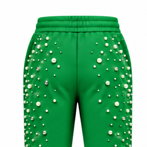 Green Pearl Beaded Jogger Pants Women Luxury Embellished Drawstring Sweatpants Casual Streetwear <b>Fleece</b> <b>Trousers</b> With Pockets - Product Image 4