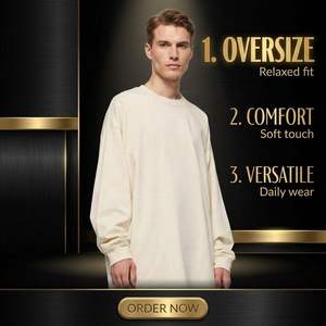 เสื้อยืดคอกลมแขนยาวทรงโอเวอร์ไซส์ผ้าคอตตอนเจอร์ซีย์เนื้อหนัก 200 กรัม สำหรับผู้ชาย สไตล์สตรีทแวร์ แบบเรียบ - Product Image 3