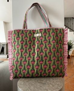 Bolso Tote de Algodón Acolchado con Estampado Artesanal, Cierre de Cremallera, Color Sólido, Forro de Algodón con Volantes Florales, Diseño Espacioso, Estilo Bohemio - Product Image 4