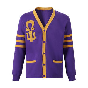 Casual Autumn Varsity <b>Cardigan</b> <b>Sweater</b> Embroidered Letters Front Knitted Crew Neck Three Quarter Sleeve Long - Product Image 1