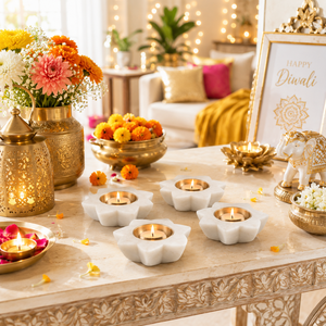 Portavelas de Mármol Blanco en Forma de Flor con Inserto de Latón, Decoración Navideña, Diwali, Decoración para el Hogar, Artículo de Regalo - Product Image 3