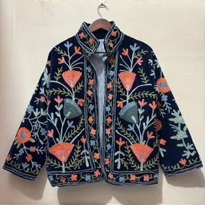 Artisan Handmade Navy <b>Velvet</b> Floral Suzani <b>Coat</b> <b>Women's</b> Ethnic Bohemian Open Front Fashion Festival Jacket - Product Image 1