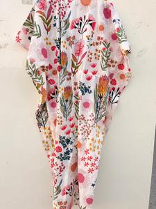 White Floral Cotton Kaftan <b>Dress</b>: Boho Beach Cover Up, Summer Maxi <b>Lounge</b> Wear - Product Image 3