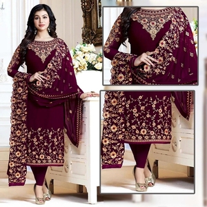 Conjunto de shalwar kameez de chifón tradicional de alta calidad para mujer, de 3 piezas, con chal bordado para bodas y fiestas - Product Image 2