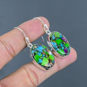 Boucles d'oreilles artisanales en turquoise verte, argent sterling 925, cuivre, pierres précieuses, bijoux uniques, élégants et tendance - Product Image 3