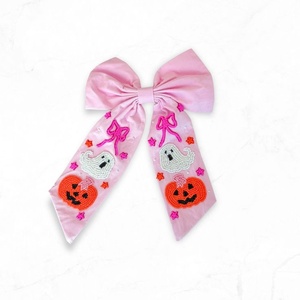 Pince à cheveux en tissu orange Halloween avec broderie fantôme, accessoire de fête mignon et effrayant pour filles et femmes, fait main, en carton - Product Image 3