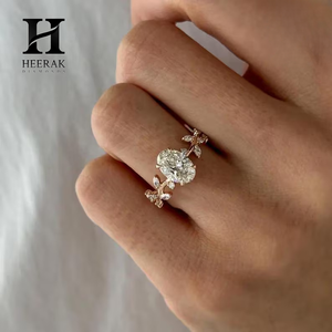 Anillo de Compromiso Vintage con Diamante Cultivado en Laboratorio de Corte Ovalado, Oro Rosa de 14K, Banda con Diseño Floral de Hojas y Enredaderas, Anillo Solitario de Moissanita para Mujer - Product Image 1