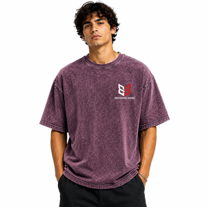 เสื้อยืดโอเวอร์ไซส์สไตล์วินเทจสำหรับผู้ชาย ล้างสีแบบแอซิดวอช สีม่วงพลัม ทรงไหล่ตก ผ้าคอตตอนหนานุ่ม คอกลม ผู้ผลิตขายตรง - Product Image 1
