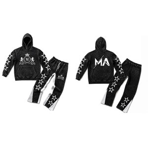 Black Acid Wash Hooded Tracksuit Set With <b>White</b> Stars And 350 gsm Full Length Drawstring <b>Pants</b> 100% Cotton Streetwear - Product Image 3