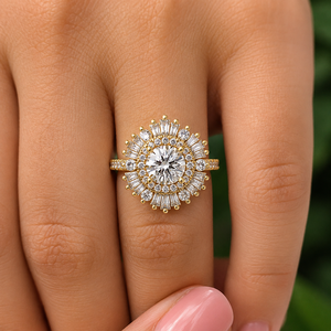 Bagues de fiançailles en or jaune 14 carats avec diamant de laboratoire rond Sunburst Ballerina Halo, certifiées IGI, bijoux personnalisés, vente en gros, directement de l'usine - Product Image 2