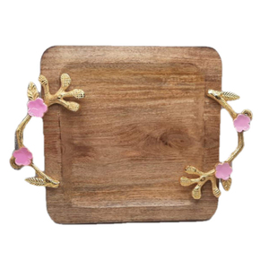 Plateau de service attrayant en bois de manguier brun avec poignées en laiton, idéal pour les collations, la restauration rapide, les nouilles, pour l'équipement de cuisine - Product Image 5