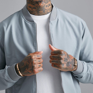 Blouson bomber en PU bleu clair pour homme, col montant, fermeture éclair, style décontracté, coupe classique, couleur unie, vêtement d'automne - Product Image 4