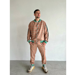 Ensemble de survêtement à carreaux personnalisé pour homme, manches longues, fermeture éclair, style décontracté, respirant, polyester et coton, pour l'automne - Product Image 1