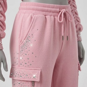 Custom <b>Pink</b> Ruched Sleeves With Rhinestone Tracksuit Cropped Zip Up <b>Hoodie</b> Cargo Jogger Pant Two Piece Sweatsuit Women Outfit - Product Image 6