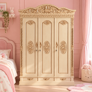 Classic Three Door Wooden <b>Wardrobe</b> with Ornate Carved Panels and Lockable Hinged Doors for Elegant Bedroom <b>Storage</b> - Product Image 1