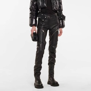 Pantalon en cuir véritable pour femme, coupe droite décontractée, jambe large, taille haute - Product Image 4