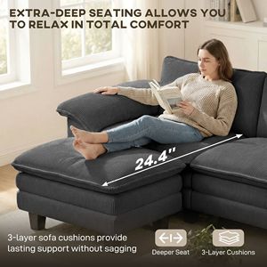 Divano Angolare a L Grigio Scuro con Seduta Profonda, Rivestimento in Pelle Chenille, Pouf Mobile e Braccioli Imbottiti per Soggiorni - Product Image 4