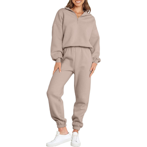 Ensemble de survêtement deux pièces pour femme, pull demi-zip et pantalon de survêtement taille haute en mélange de coton, tenue d'intérieur d'hiver, personnalisable OEM - Product Image 1