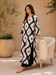 Wholesale Floral Printed Cotton Long Kurta V Neck 3/4 Sleeve Straight Side Slit <b>Tunic</b> Top Casual Ladies Wear Factory Supply - Product Image 6