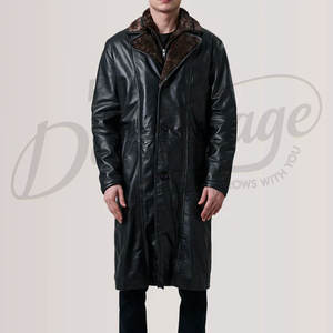 เสื้อโค้ทหนังแท้สีดำสำหรับผู้ชาย  แบบยาว  คอปกขนสัตว์  ให้ความอบอุ่นในฤดูหนาว  ทรงคลาสสิก  ทรงเข้ารูป  กันลม - Product Image 5