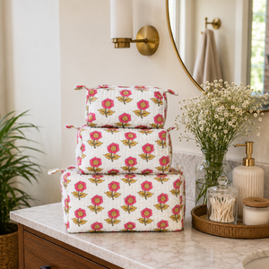 White Pink Floral Quilted Cotton Pouch Set Hand Block Print Toiletry <b>Makeup</b> Stationary Jewellery Craft <b>Storage</b> Travel Gift - Product Image 5