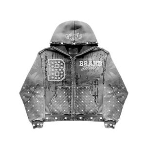 Survêtement zippé pour homme le plus vendu, en coton 100% French Terry, délavé à l'acide, orné de strass, effet vieilli, avec pantalon de survêtement ample - Product Image 5