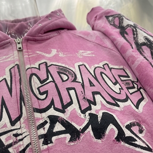 Snowgrace <b>Pink</b> Hooded Zip-Up <b>Sweatshirt</b> French Terry Oversized Streetwear Design Pocket Front Print Autumn Wear Unisex - Product Image 4