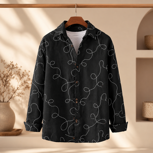 Stylish Men Black Cotton Embroidered Shirt Full Sleeve Casual Button <b>Down</b> Overshirt with Abstract Line Design - Product Image 4