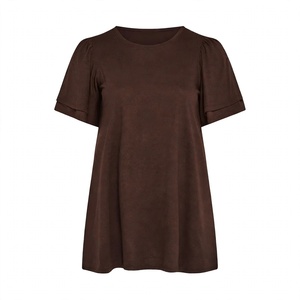 Tunique plissée marron à manches courtes pour femmes, t-shirt décontracté à col rond, vêtements d'été à la mode, doux et confortables, à porter au quotidien - Product Image 1