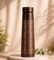 Botella de Cobre Puro Martillado con Grabado, Ecológica, Estética, Metálica, para Bebidas, Hogar, Oficina, Yoga, Estilo Vintage Rústico Ayurvédico