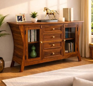 Wholesale Modern Curved Solid Wood <b>Sideboard</b> 2 Glass Door Buffet Cabinet with 4 Drawers For Home | Pindel Handicraft - Product Image 1