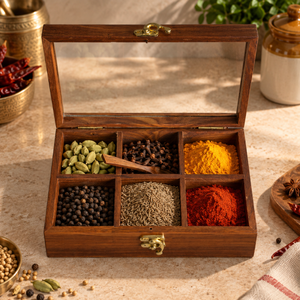 Wooden Masala <b>Box</b> with 6 Compartments & Spoon | <b>Indian</b> <b>Spice</b> Storage <b>Box</b> with Brass Latch for Kitchen <b>Spices</b> and Condiments Home - Product Image 3