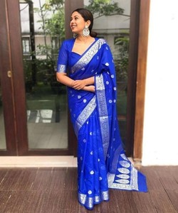 SAREE DE SEDA LICHI CON TRABAJO DE JACQUARD MÁS VENDIDO CON BLUSA SIN COSTURAR AZUL 84770 - Product Image 1