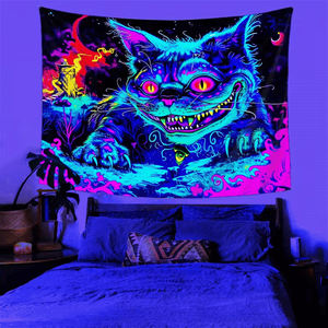 Tapisserie géante activée par les UV, motif chat féroce, réactive à la lumière noire néon, en polyester, pour chambre, salon, bureau - Product Image 1