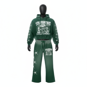 Ensemble de luxe sweat à capuche court et pantalon de survêtement évasé en coton épais délavé à l'acide, ourlet brut, imprimé graphique premium, collection streetwear - Product Image 4