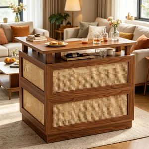Tavolo da Bar Vintage in Legno e Rattan con Piedi Regolabili per Casa, Feste, Ristoranti, Hotel, Giardini Esterni - Product Image 1