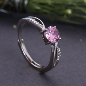 Anillo Ajustable de Plata de Ley 925 con Circonita Cúbica Rosa Solitaria, Diseño de Anillo de Compromiso con Engaste de Bisel, Joyería al por Mayor - Product Image 2