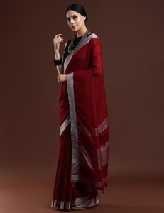 KV Women's Woven Solid Bhagalpuri Linen <b>Red</b> <b>Saree</b> With Unstitched Blouse - Product Image 6