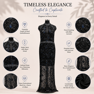 Luxury Black Beaded Floral Evening Dress Women Halter Neck Sheer Mesh Maxi Gown Hand Embellished Party Wedding Formal Designer - Product Image 5