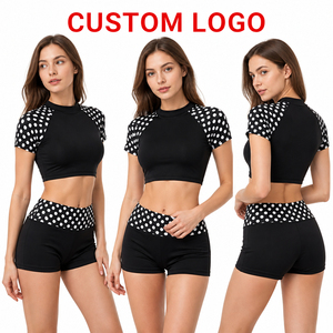 Custom Logo Women Polka Dot <b>Raglan</b> Crop <b>Top</b> Shorts Set 2 Piece Sporty Skinny Fit Quick Dry Polyester Cotton Velvet Summer - Product Image 6