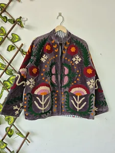 Handmade Grey <b>Velvet</b> Suzani Embroidered <b>Jacket</b> with Floral Print Full Sleeve Stand Collar Bohemian <b>Women's</b> Winter Coat - Product Image 5